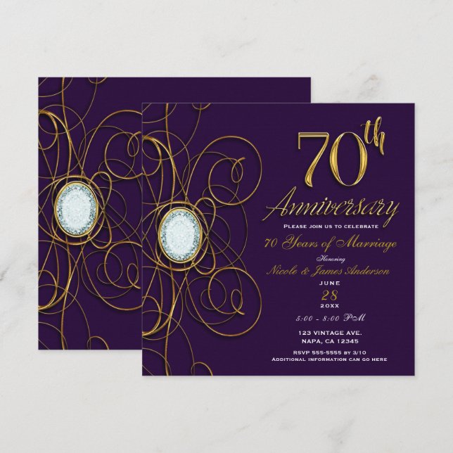 Plum Royal Purple Gold Diamond 70 70th Anniversary Invitation (Front/Back)