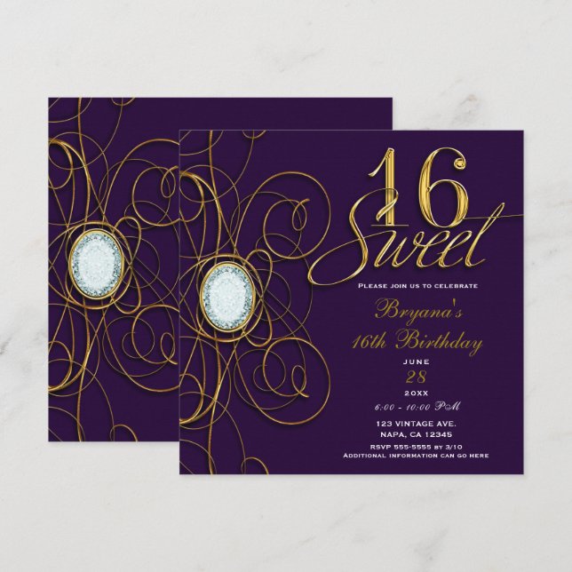 Plum Royal Purple & Gold Diamond Sweet 16 Birthday Invitation (Front/Back)