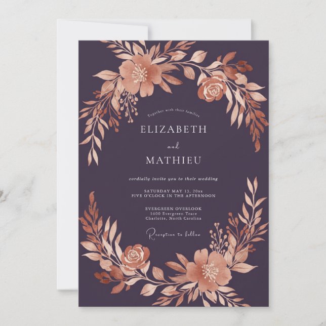 Plum Rustic Floral Embrace Wedding Invitation (Front)