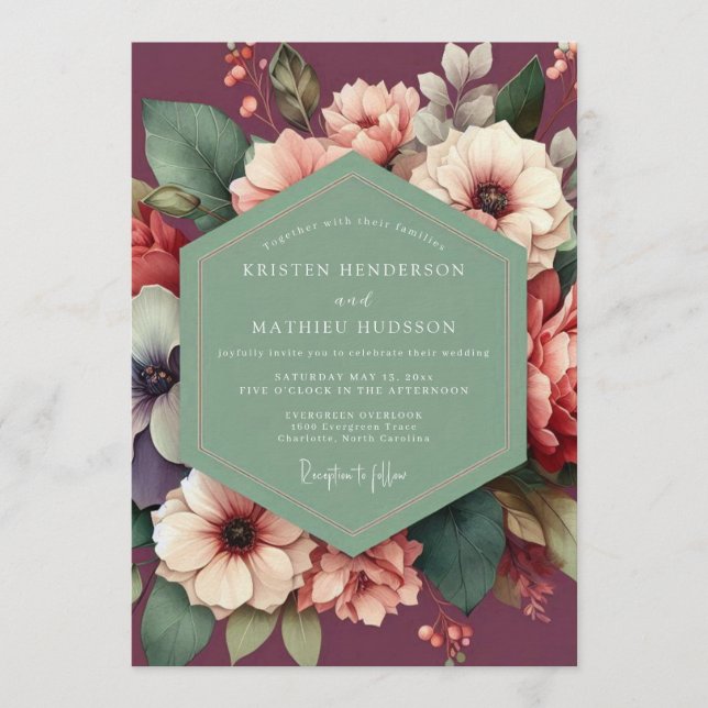 Plum Sage Floral Wedding Invitation (Front)