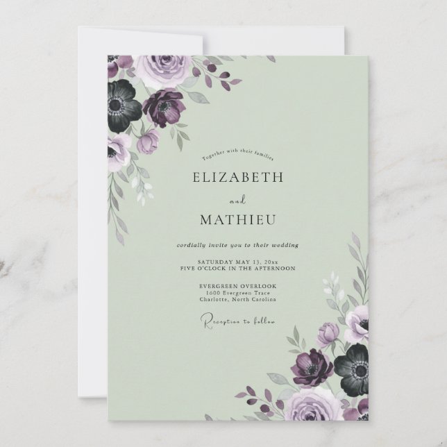 Plum Sage Ranunculus Eucalyptus Wedding Invitation (Front)