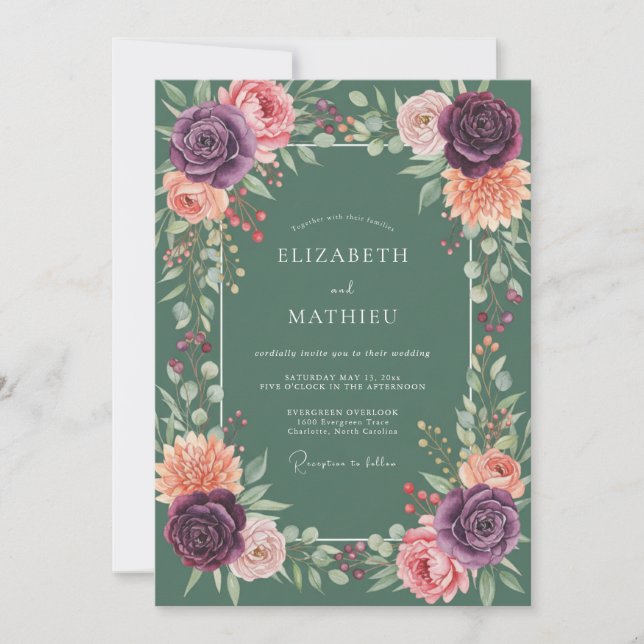 Plum Sage Watercolor Wedding Invitation (Front)