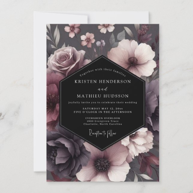 Plum Shadowy Bloom Wedding Invitation (Front)
