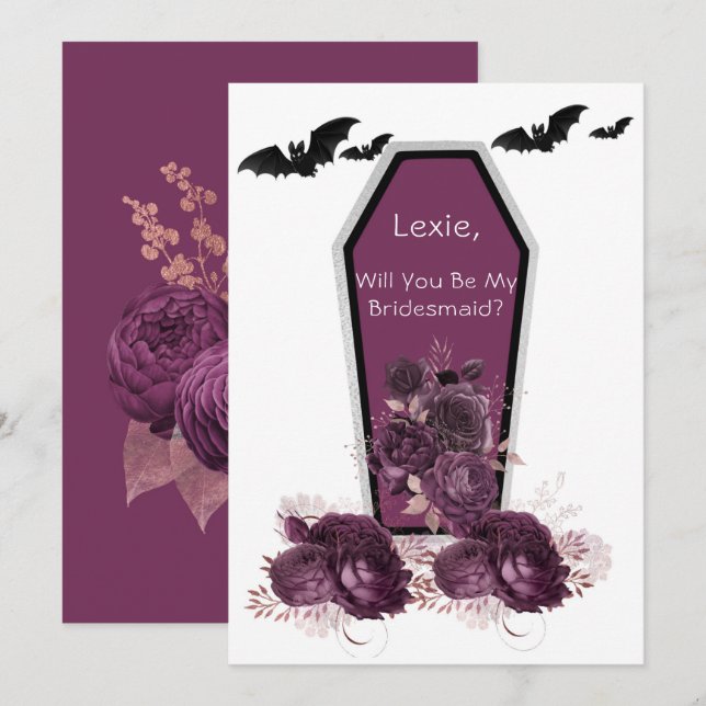 Plum Silver Coffin Bats Will You Be My Bridesmaid Invitation (Front/Back)