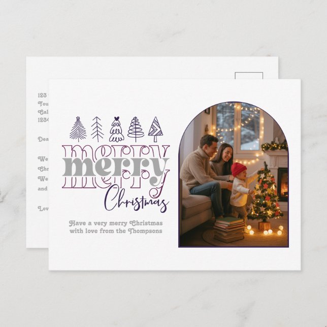 Plum & Silver Cosy Arch Photo Merry Christmas Holiday Postcard (Front/Back)