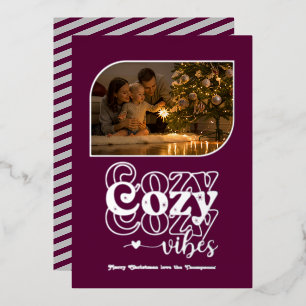 Plum & Silver Cosy Vibes Retro Christmas Photo Foil Holiday Card