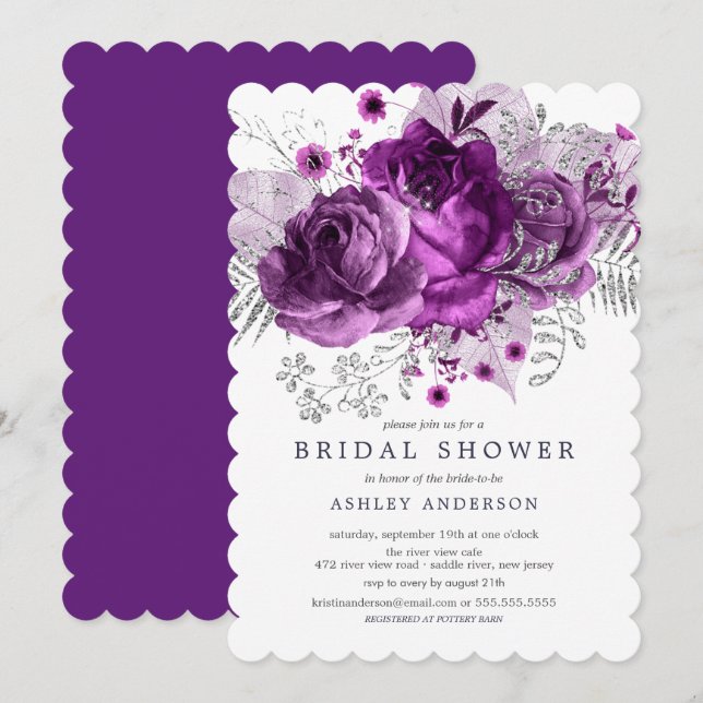 Plum & Silver Floral Bridal Shower Invitation (Front/Back)