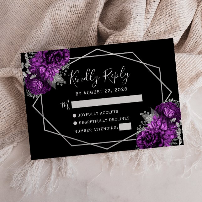 Plum Silver Floral Geometric Black RSVP Card (Creator Uploaded)