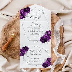 Plum Silver Floral Geometric White Wedding All In One Invitation
