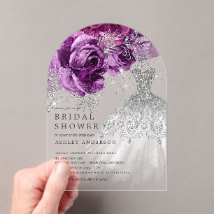 Plum & Silver Floral Wedding Dress Bridal Shower Acrylic Invitations