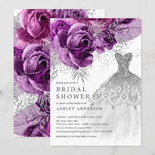 Plum & Silver Floral Wedding Dress Bridal Shower Invitation