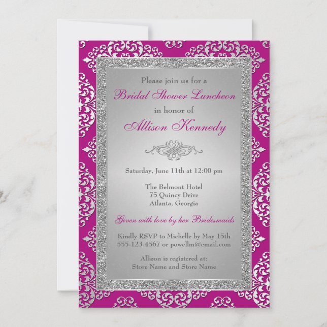Plum, Silver Glitter Damask Bridal Shower Invite (Front)