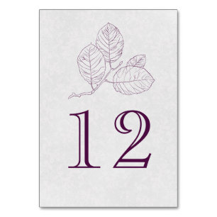 Plum Silver Grey Botanical Outline Elegant Wedding Table Number