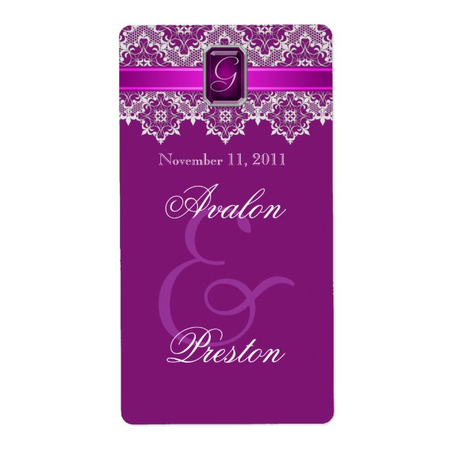 Plum & Silver Lace Jewelled Wedding Wine Label (Front)