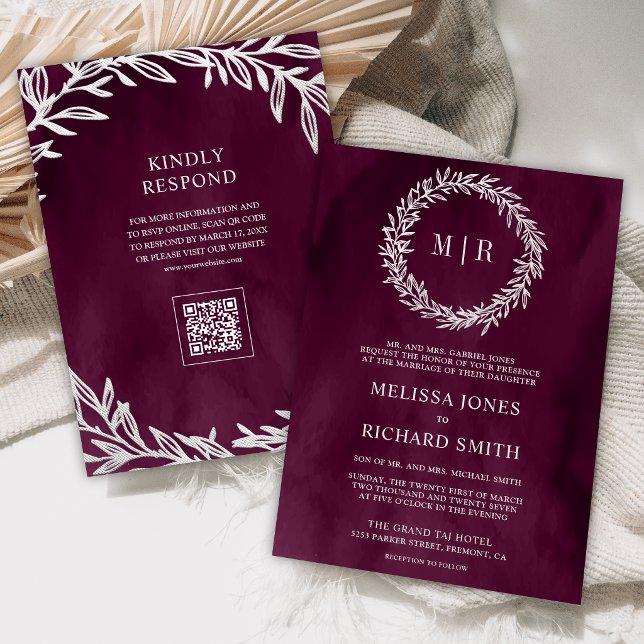 Plum Silver Leaf Branch QR Code Wedding Invitation (Creator Uploaded)