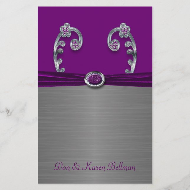 Plum & Silver Metallic Flourish Personalised Stationery (Front)