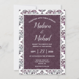 Plum Silver Sage Damask Wedding Invitation