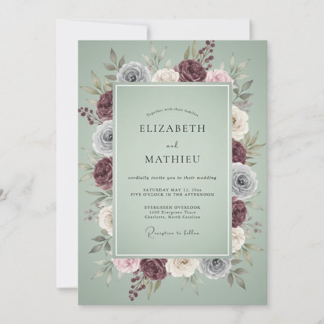 Plum Silver Wreath Wedding Invitation (Front)