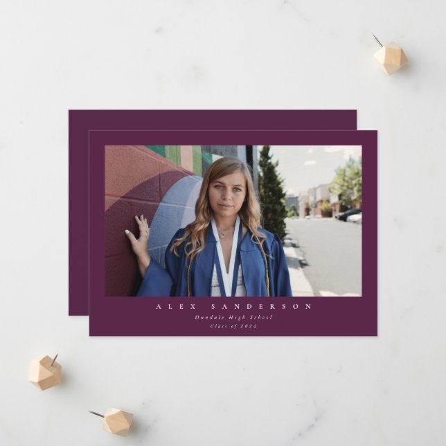 Plum Simple Modern Single Photo Graduation Announcement (Front/Back In Situ)
