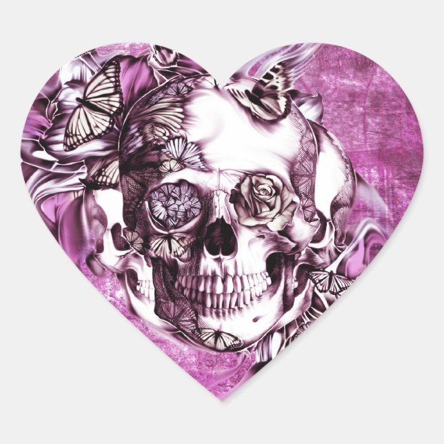 Plum smoke skull with butterflies. heart sticker (Front)