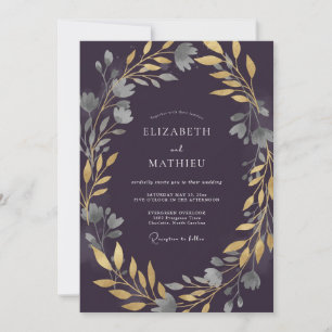 Plum Soft Gold Leafy Wedding Invitation