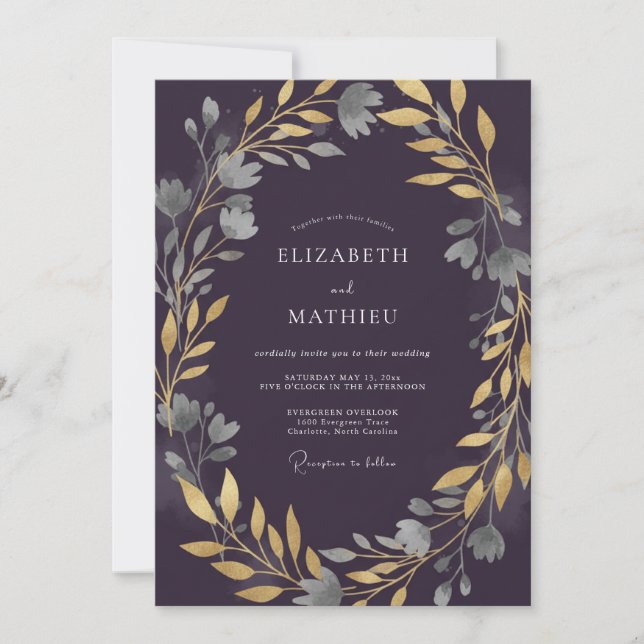 Plum Soft Gold Leafy Wedding Invitation (Front)