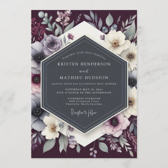 Plum Somber Anemone Wedding Invitation (Front)