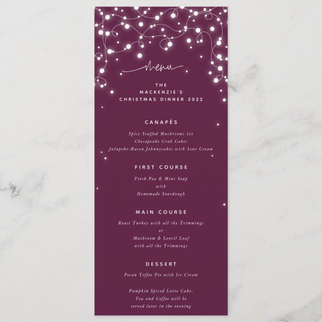 Plum Sparkling Lights Christmas Flat 4 Course Menu (Front)