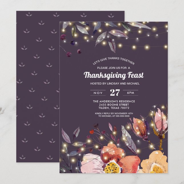 Plum | String Lights | Floral Thanksgiving Dinner Invitation (Front/Back)