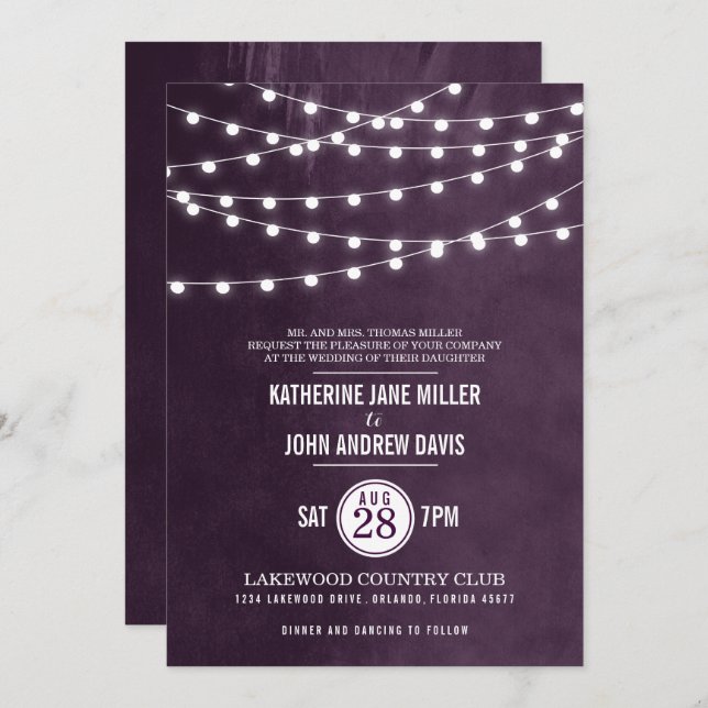 Plum String Lights Wedding Invitation (Front/Back)