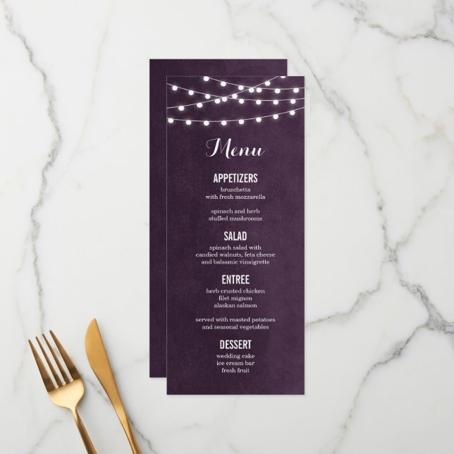 Plum String Lights Wedding Menu Card (Front/Back In Situ)