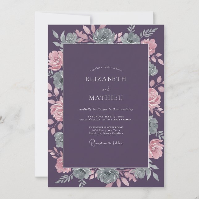Plum Succulent Foliage Eucalyptus Wedding Invitation (Front)