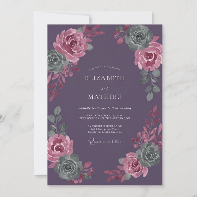 Plum Succulent Watercolor Wedding Invitation (Front)