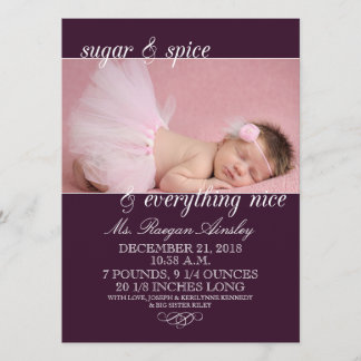 Plum Sugar & Spice Girl Photo Birth Announcements