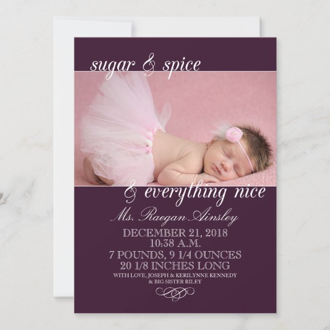 Plum Sugar & Spice Girl Photo Birth Announcements (Front)
