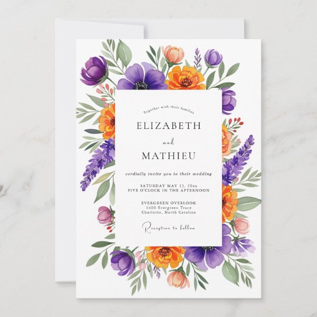 Plum Tangerine Vivacious Meadow Wedding Invitation (Front)