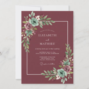 Plum Teal Leafy Wedding Invitation