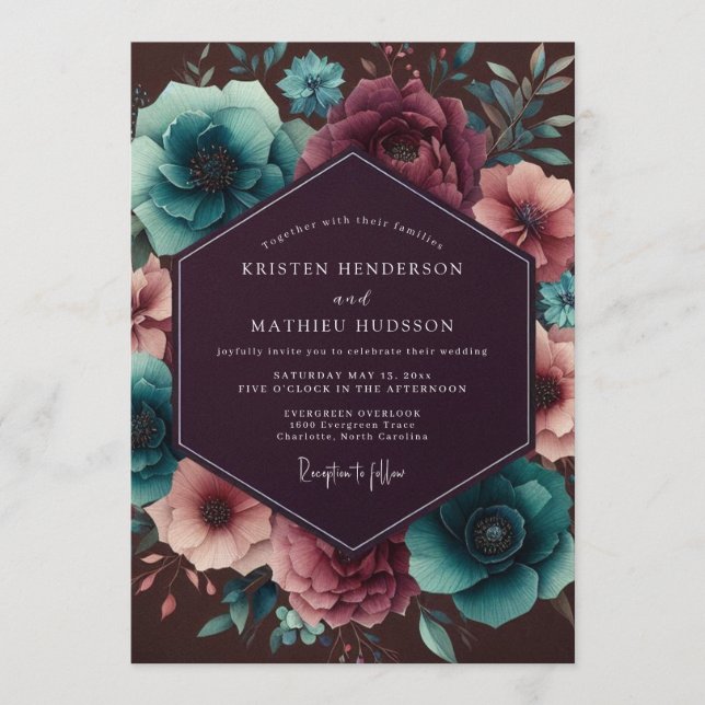 Plum & Teal Nocturnal Bloom Wedding Invitation (Front)