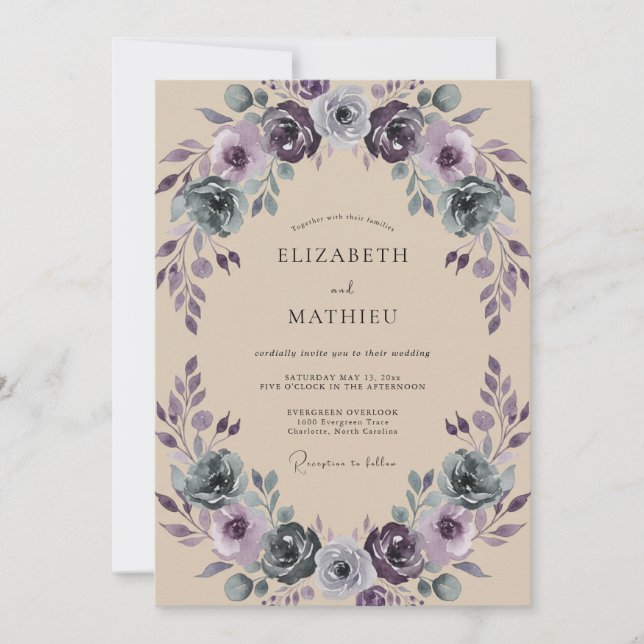 Plum Teal Wreath Wedding Invitation (Front)