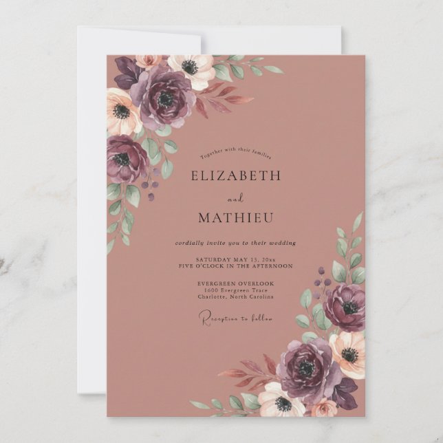 Plum Terracotta Ranunculus Sage Wedding Invitation (Front)