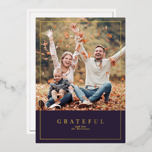 Plum Thanksgiving framed family photo  Foil Holiday Card