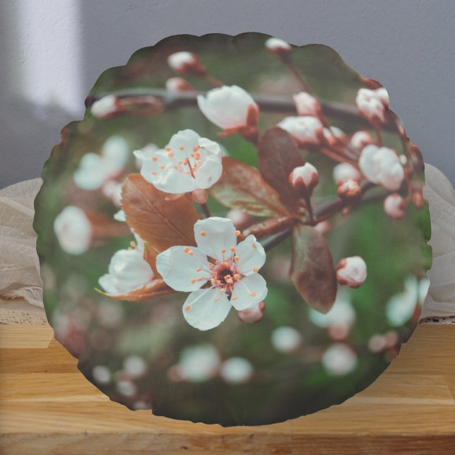 Plum Tree Branches with White Flowers Round Cushion (Creator Uploaded)