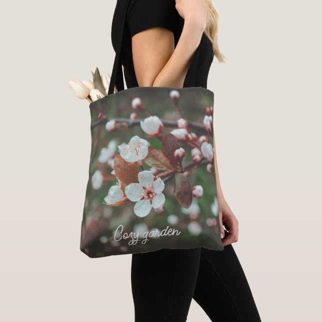 Plum Tree Branches with White Flowers Tote Bag (Close Up)