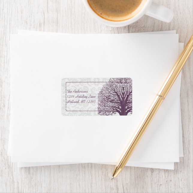 Plum Tree Grey Damask Return Address Labels (Insitu)