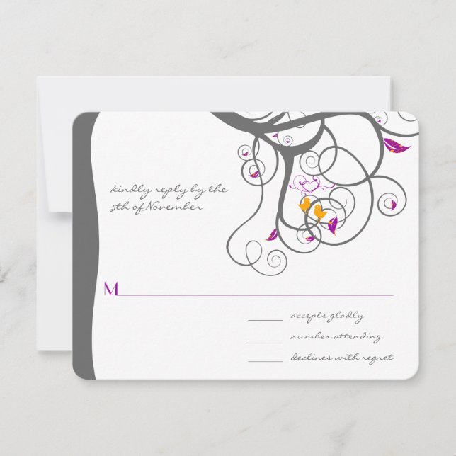 Plum Tree Swirls Love Birds Wedding Invitation (Front)