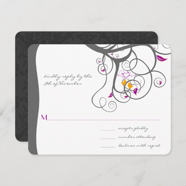Plum Tree Swirls Love Birds Wedding Invitation (Front/Back)
