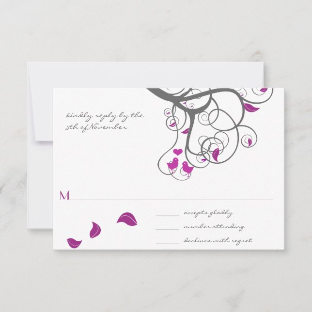 Plum Tree Swirls Love Birds Wedding Invitation (Front)