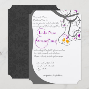 Plum Tree Swirls Love Birds Wedding Invitation