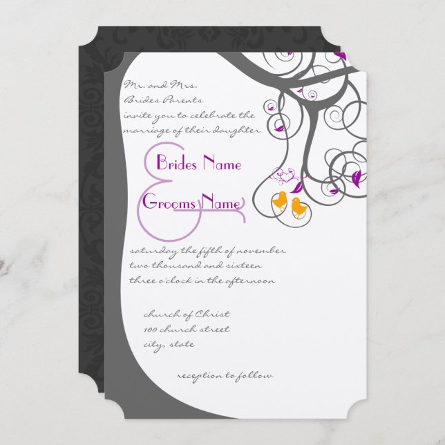 Plum Tree Swirls Love Birds Wedding Invitation (Front/Back)