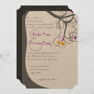 Plum Tree Swirls Love Birds Wedding Invitation